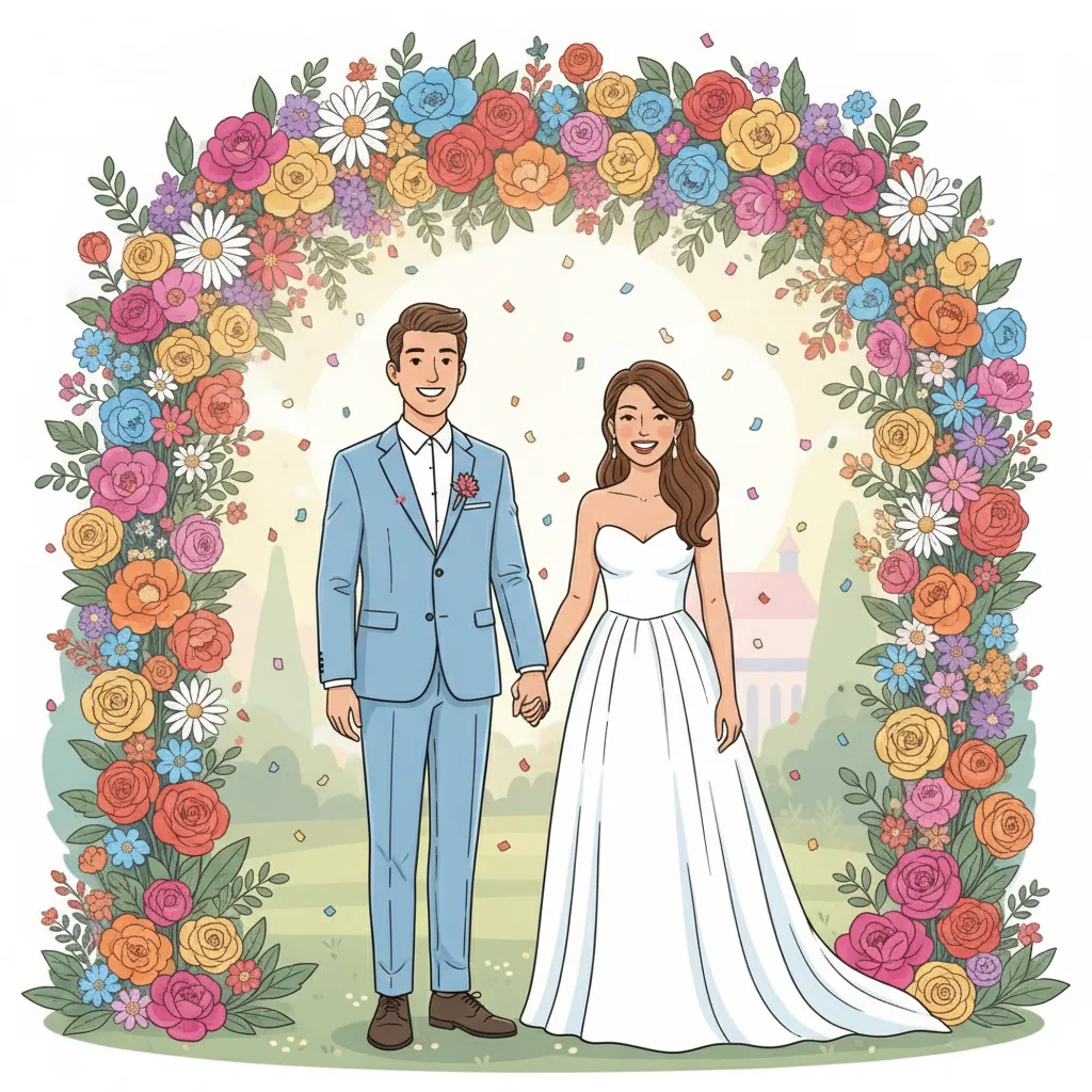 Ilustrație veselă de invitație de nuntă cu mirii și mireasa sub o arcadă de flori