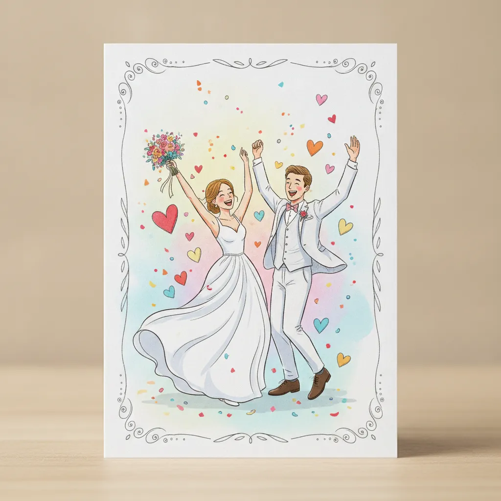 Ilustrație veselă de invitație de nuntă cu mirele și mireasa dansând, inimi și confetti