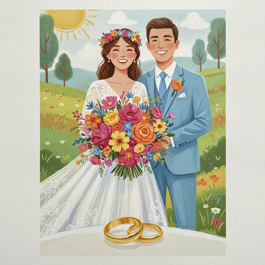 Ilustrație veselă de invitație de nuntă cu mirii zâmbind, buchet de flori și inele