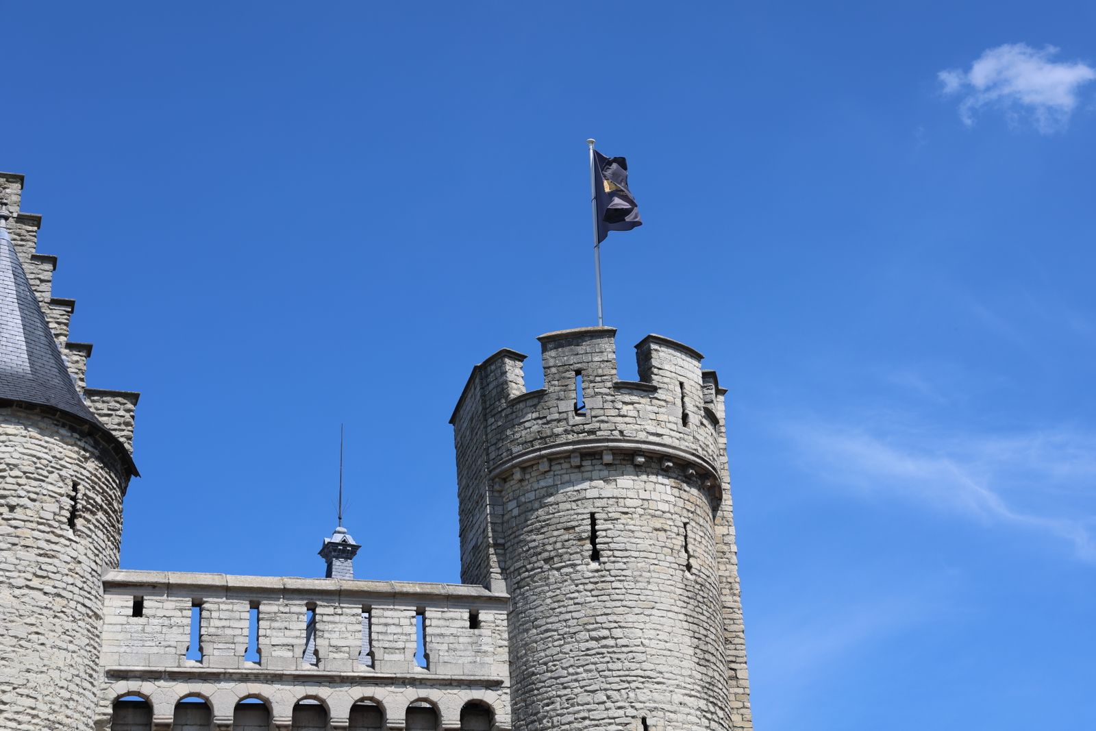 Turn de castel medieval cu steag, în decor de poveste